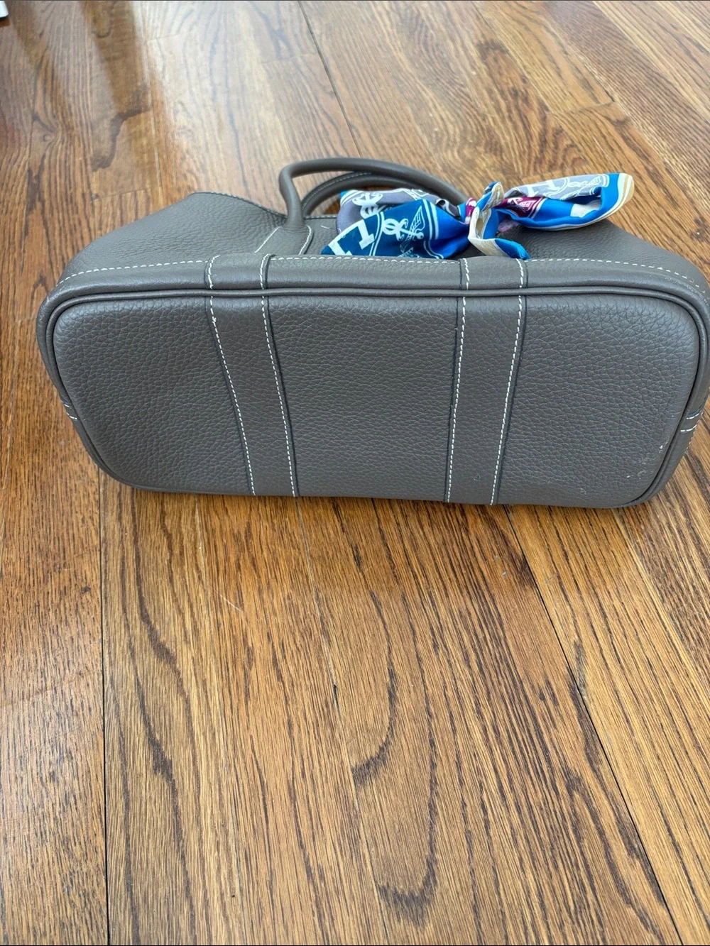 Hermes Gray Pebbled Leather Tote with Blue Accent Scarf - Picture 7 of 9
